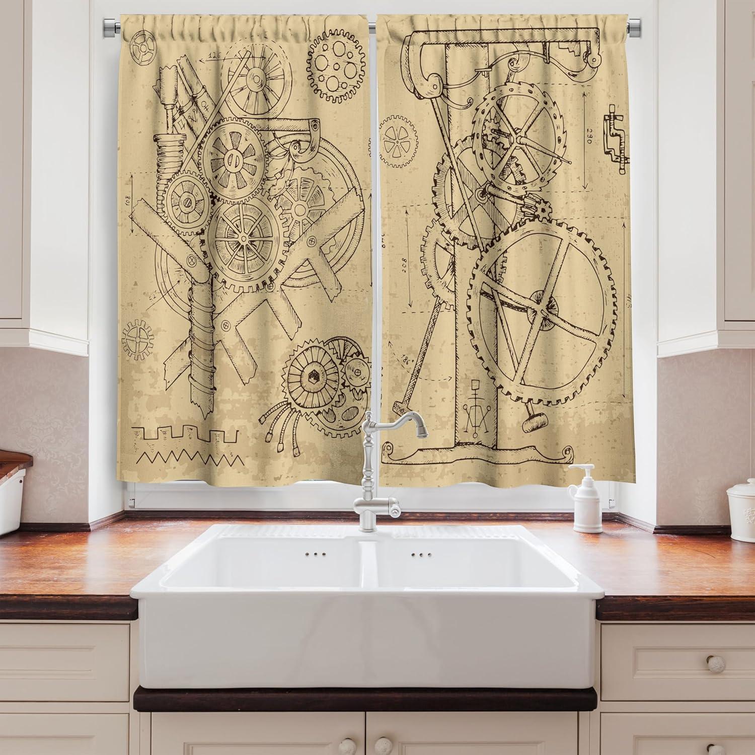 imageAmbesonne Steampunk Kitchen Curtains Retro HandDrawn Infographic of Mechanisms and Machines Inspired Print Window Drapes 2 Panel Set for Kitchen Cafe Decor 55 x 39 Beige and Dark Brown