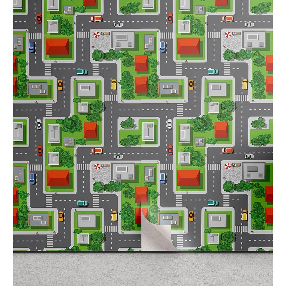 imageAmbesonne City Peel amp Stick Wallpaper Home Birds Eye View Map of The Abstract Town Streets Roads Houses and Cars Cartoon Print SelfAdhesive Living Room Kitchen Accent 13 x 36 Green Grey Orange