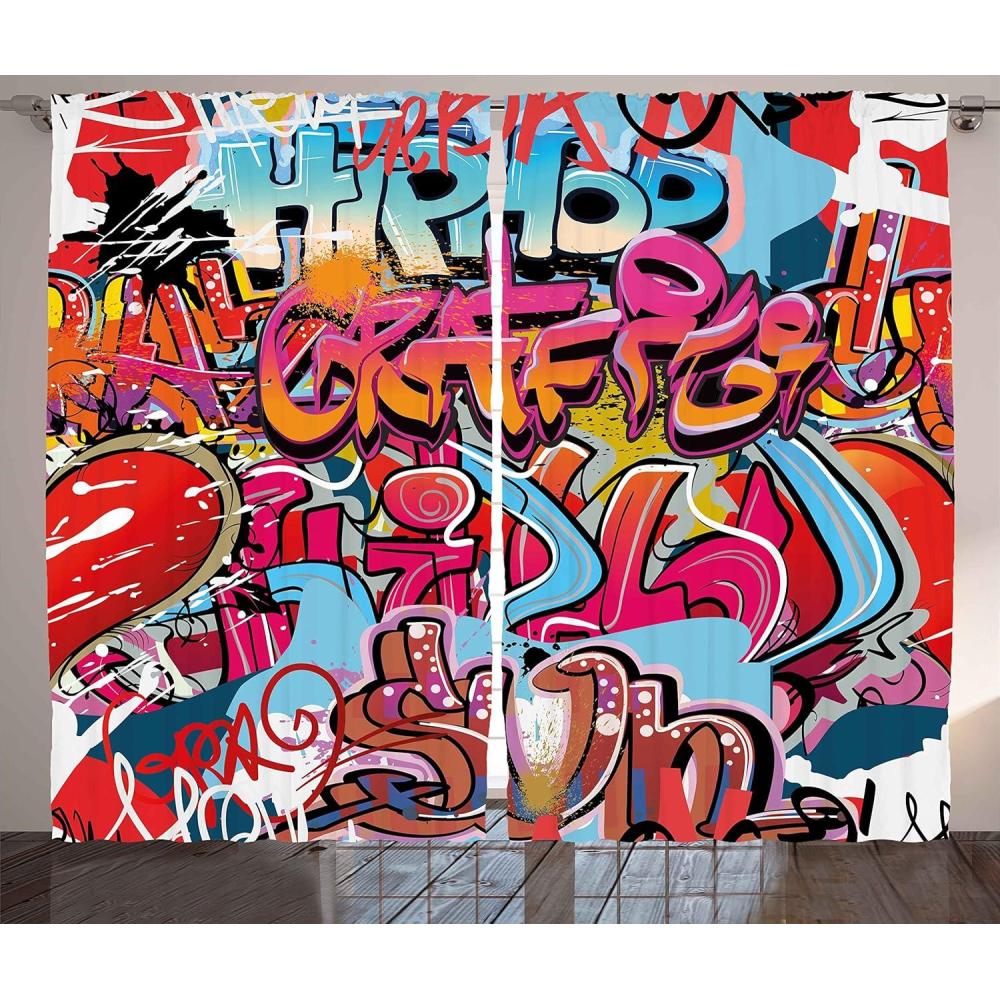 imageAmbesonne Graphic Curtains Hip Hop Street Culture Harlem New York City Wall Graffiti Art Spray Art Image Living Room Bedroom Window Drapes 2 Panel Set 108 X 84 Pink Red