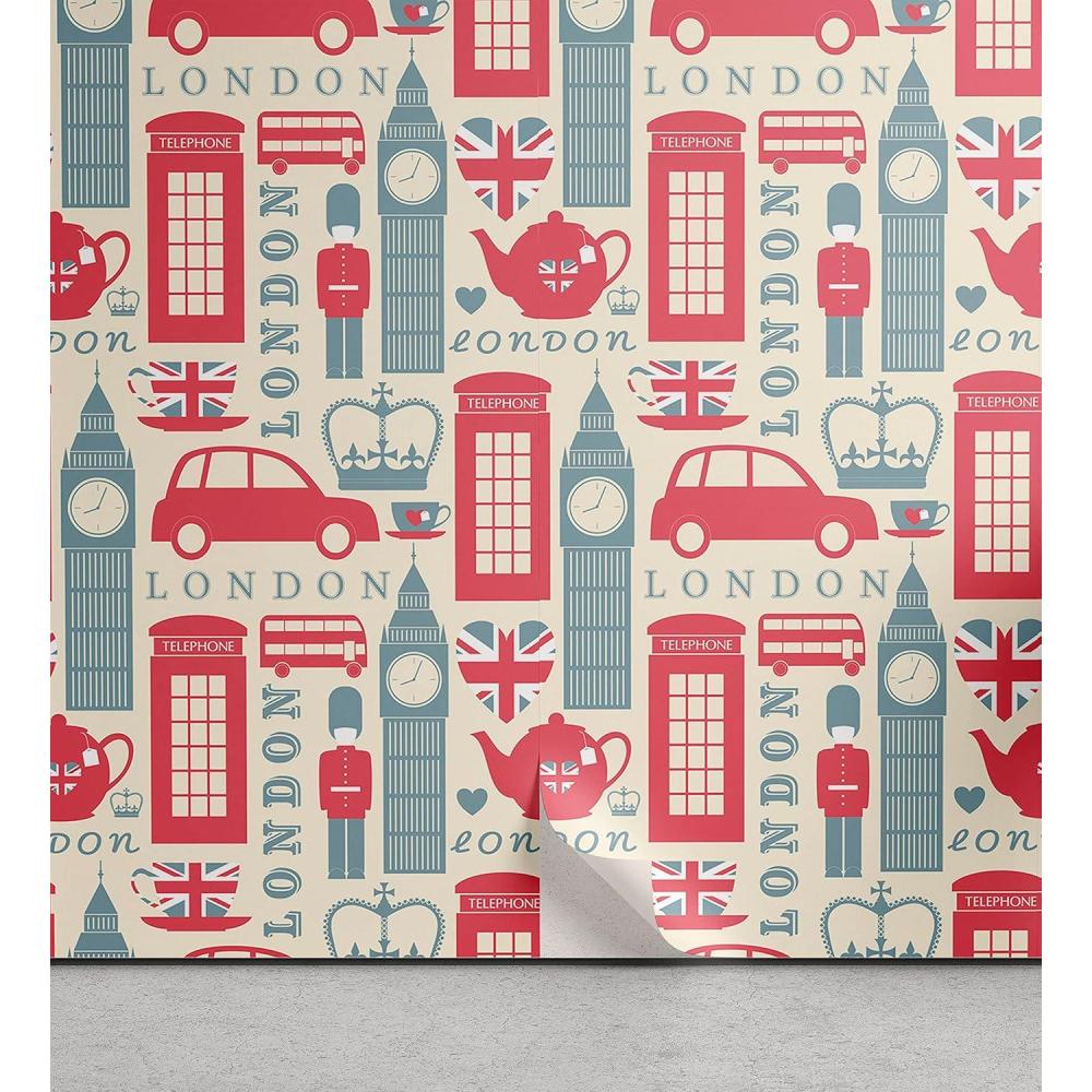 imageAmbesonne London Peel amp Stick Wallpaper for Home Popular British Culture Elements Retro Colors Flag Patterned Hearts SelfAdhesive Living Room Kitchen Accent 13 x 36 Dark Coral Bluegrey