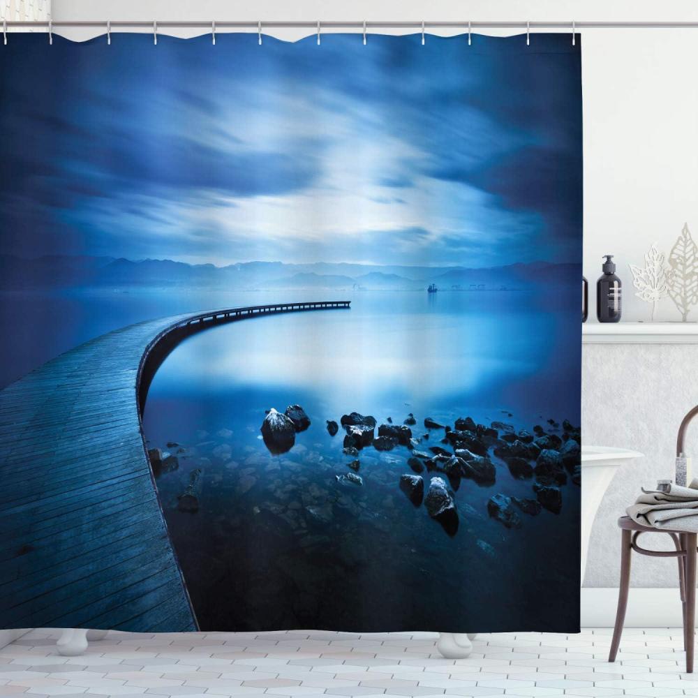 imageAmbesonne Modern Shower Curtain Skyline of Seou South Korea Cityscape with Buildings Skyscrapers Urban View at Night Cloth Fabric Bathroom Decor Set with Hooks 69 W x 75 L IndigoNavy Blue