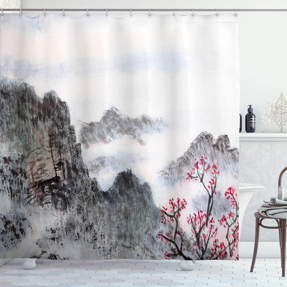 imageAmbesonne Modern Shower Curtain Skyline of Seou South Korea Cityscape with Buildings Skyscrapers Urban View at Night Cloth Fabric Bathroom Decor Set with Hooks 69 W x 75 L IndigoSeal Brown White Red