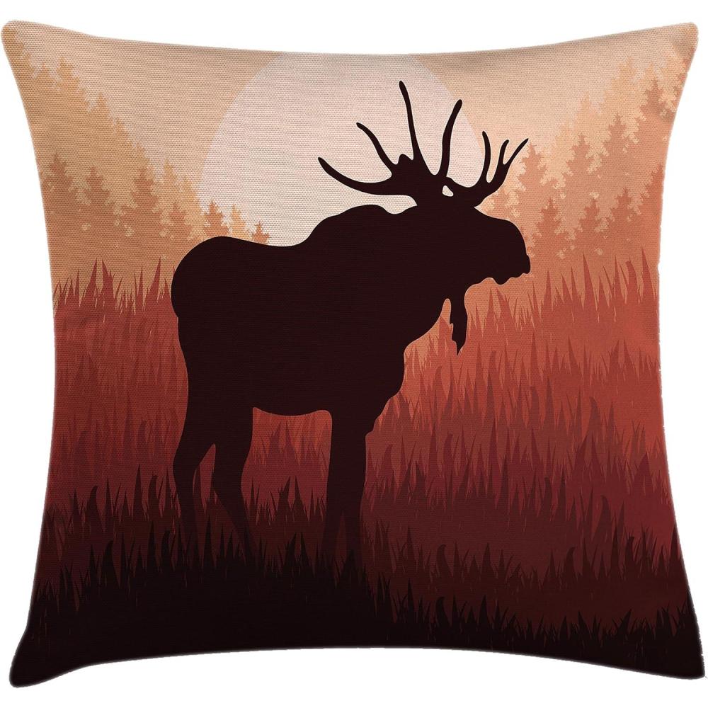 imageAmbesonne Moose Throw Pillow Cushion Cover Antlers Wild Alaska Forest Rusty Abstract Landscape Design Deer Woods Decorative Fabric Home Decor Square Accent Pillow Case 24 X 24 Peach and Brown