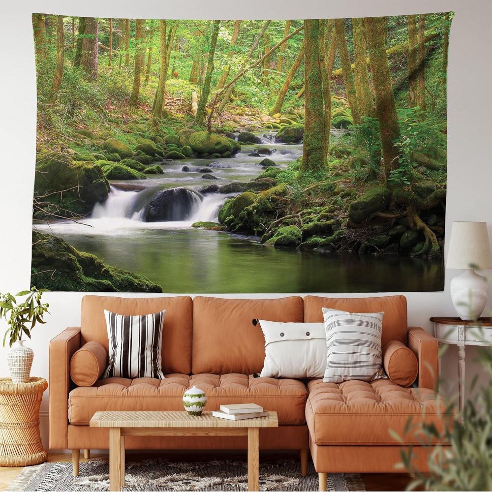 imageAmbesonne Nature Tapestry King Size Stream Flowing in Forest Mossy Rocks Tree Foliage Splash Summertime Hiking Wall Hanging Bedspread Bed Cover Wall Decor 104 X 88 Apple Green Umber