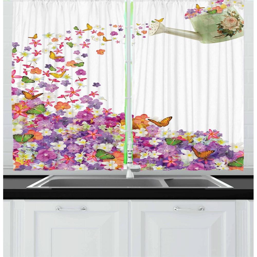 imageAmbesonne Short Kitchen Curtains Flowers in The Pot and Flower Water Pail 55 W x 39 L Inch Window Kitchen Dining Room 2 Panels Curtains Pink Floral Vintage French Country Decorations Design Home Decor