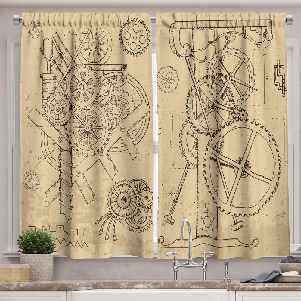 imageAmbesonne Steampunk Kitchen Curtains Retro HandDrawn Infographic of Mechanisms and Machines Inspired Print Window Drapes 2 Panel Set for Kitchen Cafe Decor 55 x 39 Beige and Dark Brown