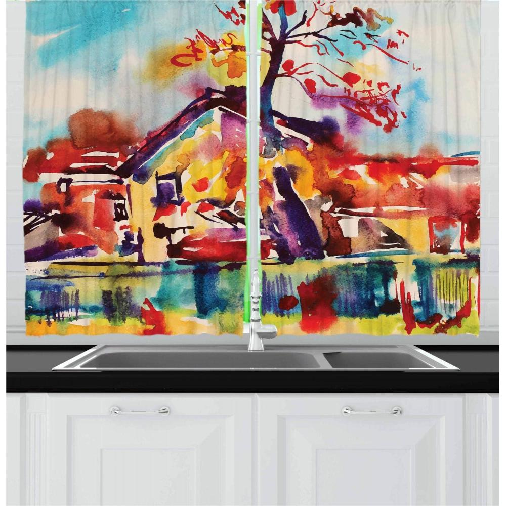 imageAmbesonne Wine Kitchen Curtains Abstract Wine Glasses Silhouettes with Dots Alcohol Drink Modern Window Drapes 2 Panel Set for Kitchen Cafe Decor 55 x 39 Black GreyBlue Orange