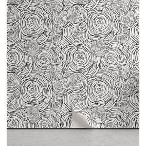 Ambesonne Black and White Peel & Stick Wallpaper for Home, Hand Drawn Roses Spiral Flower Outlines Monochrome Illustration, Self-Adhesive Living Room Kitchen Accent, 13″ x 36″, Charcoal Grey