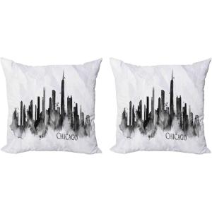 Ambesonne Chicago Skyline Decorative Throw Pillow Case Pack of 2, Watercolor Urban Landscape Grunge Brushstroke Effects Murky Image, Couch Bedroom Living Room Cushion Cover, 18″, Black Charcoal Grey(16″ x 16″ (Pack of 2))