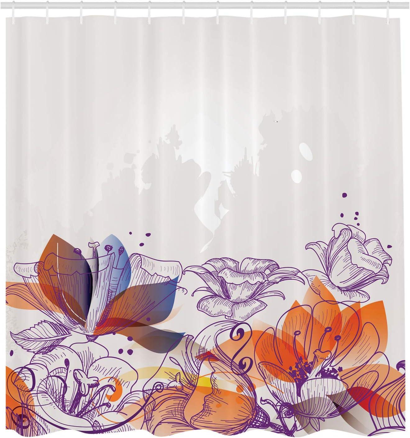 imageAmbesonne Flower Shower Curtain Retro Floral Background Hibiscus Silhouettes Dramatic Romantic Nature Art Cloth Fabric Bathroom Decor Set with Hooks 84 Long Extra Pale AzureBurnt Orange