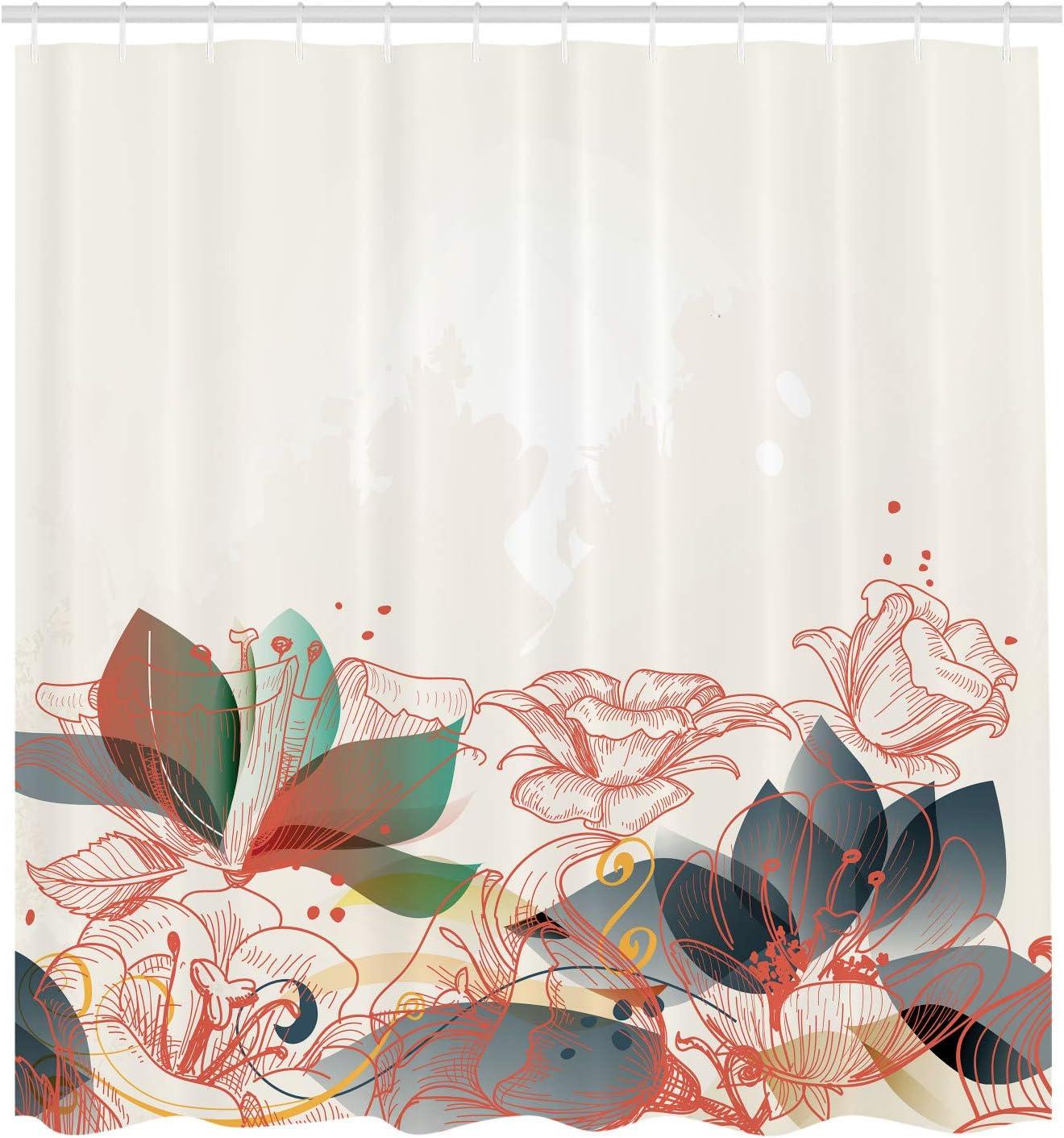 imageAmbesonne Flower Shower Curtain Retro Floral Background Hibiscus Silhouettes Dramatic Romantic Nature Art Cloth Fabric Bathroom Decor Set with Hooks 84 Long Extra Pale AzureSeafoam Coconut