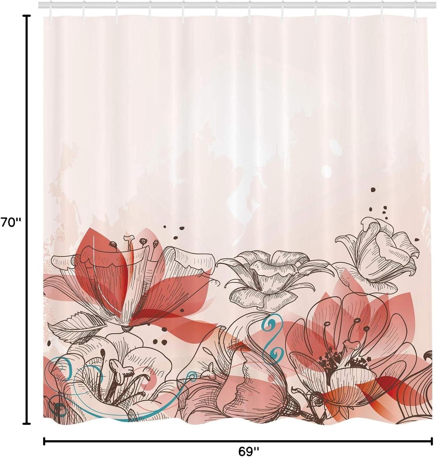 imageAmbesonne Flower Shower Curtain Retro Floral Background Hibiscus Silhouettes Dramatic Romantic Nature Art Cloth Fabric Bathroom Decor Set with Hooks 84 Long Extra Pale AzureCoral White