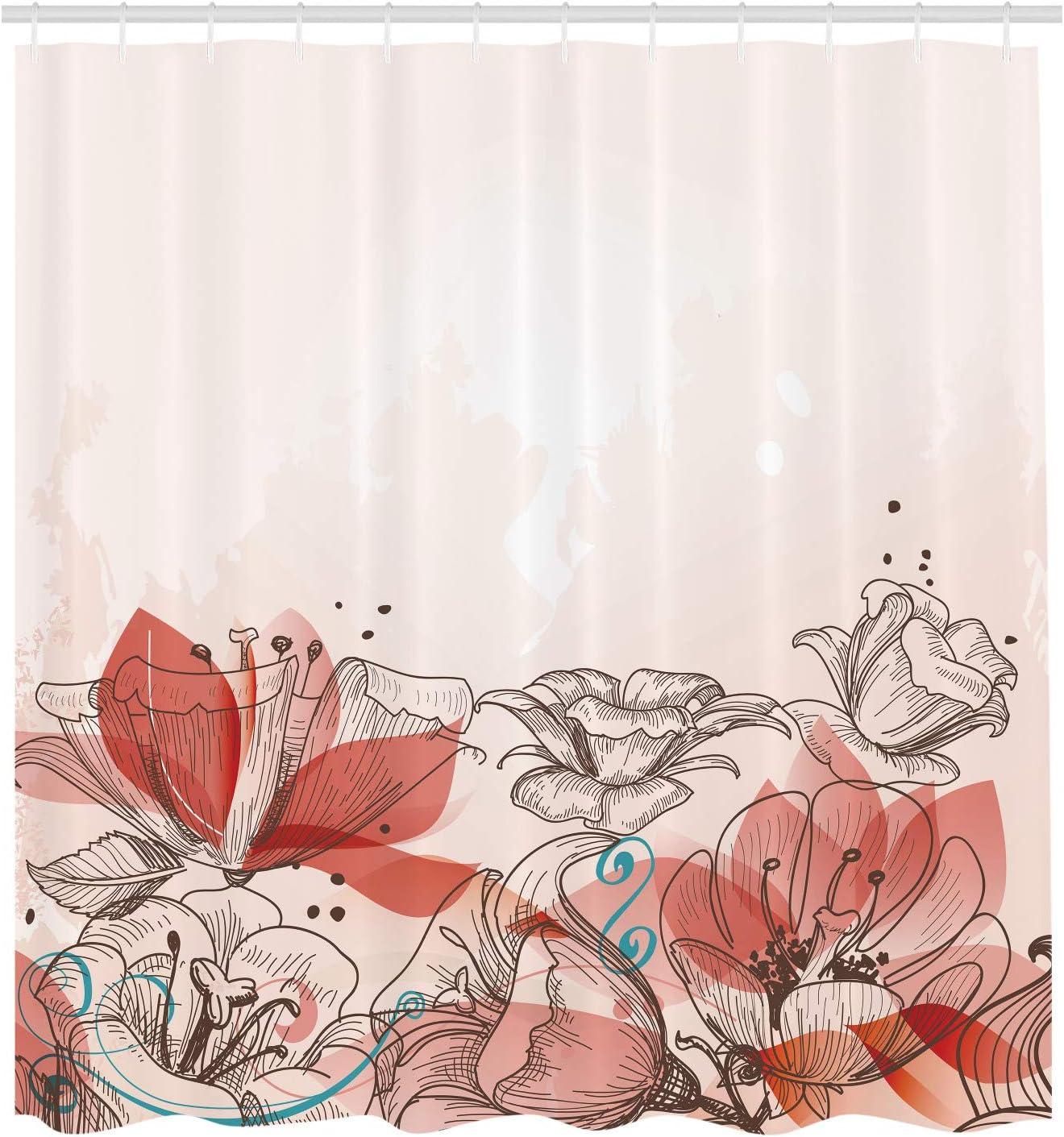 imageAmbesonne Flower Shower Curtain Retro Floral Background Hibiscus Silhouettes Dramatic Romantic Nature Art Cloth Fabric Bathroom Decor Set with Hooks 84 Long Extra Pale AzureCoral White