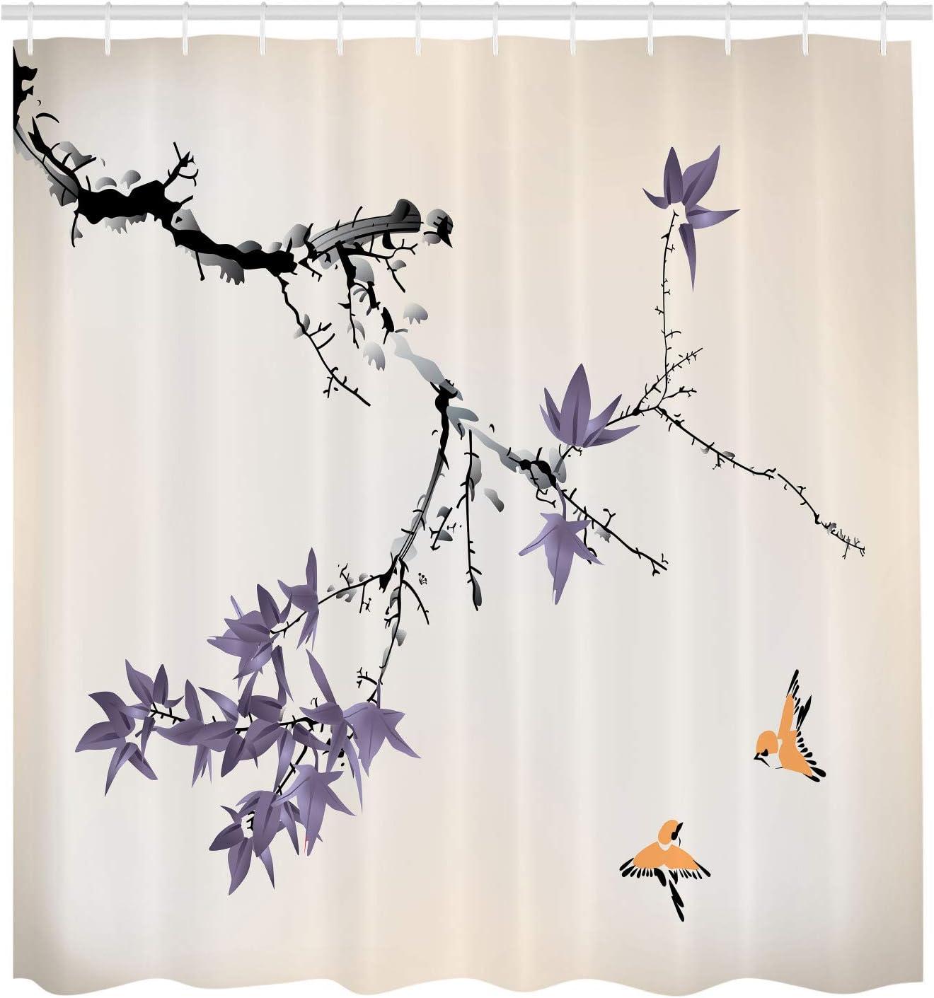 imageAmbesonne Japanese Shower Curtain Cherry Blossom Sakura Tree Branches Romantic Spring Themed Watercolor Picture Cloth Fabric Bathroom Decor Set with Hooks 70 Long Pale PurplePurple Grey