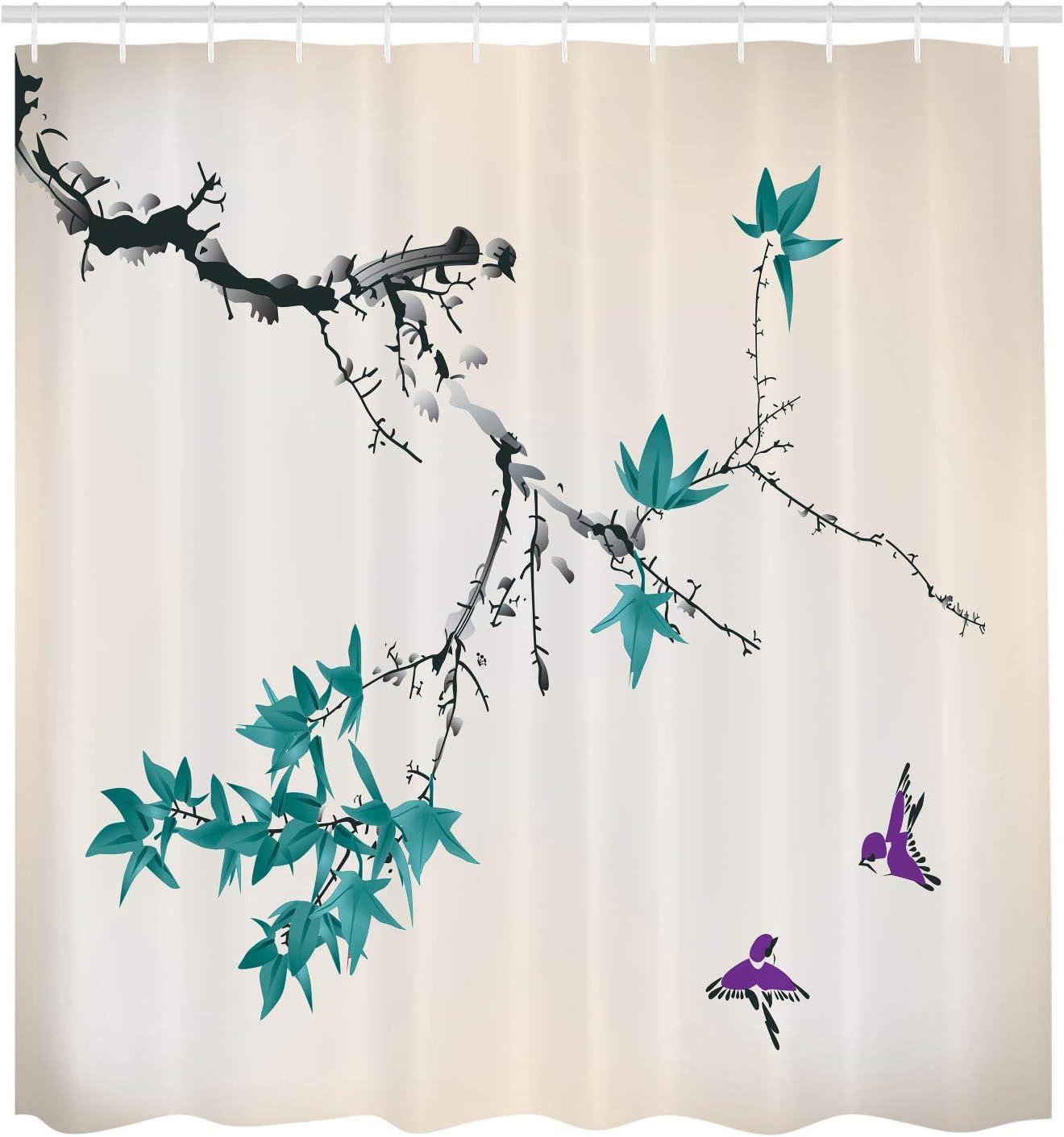 imageAmbesonne Japanese Shower Curtain Cherry Blossom Sakura Tree Branches Romantic Spring Themed Watercolor Picture Cloth Fabric Bathroom Decor Set with Hooks 70 Long Pale PurplePurple Beige