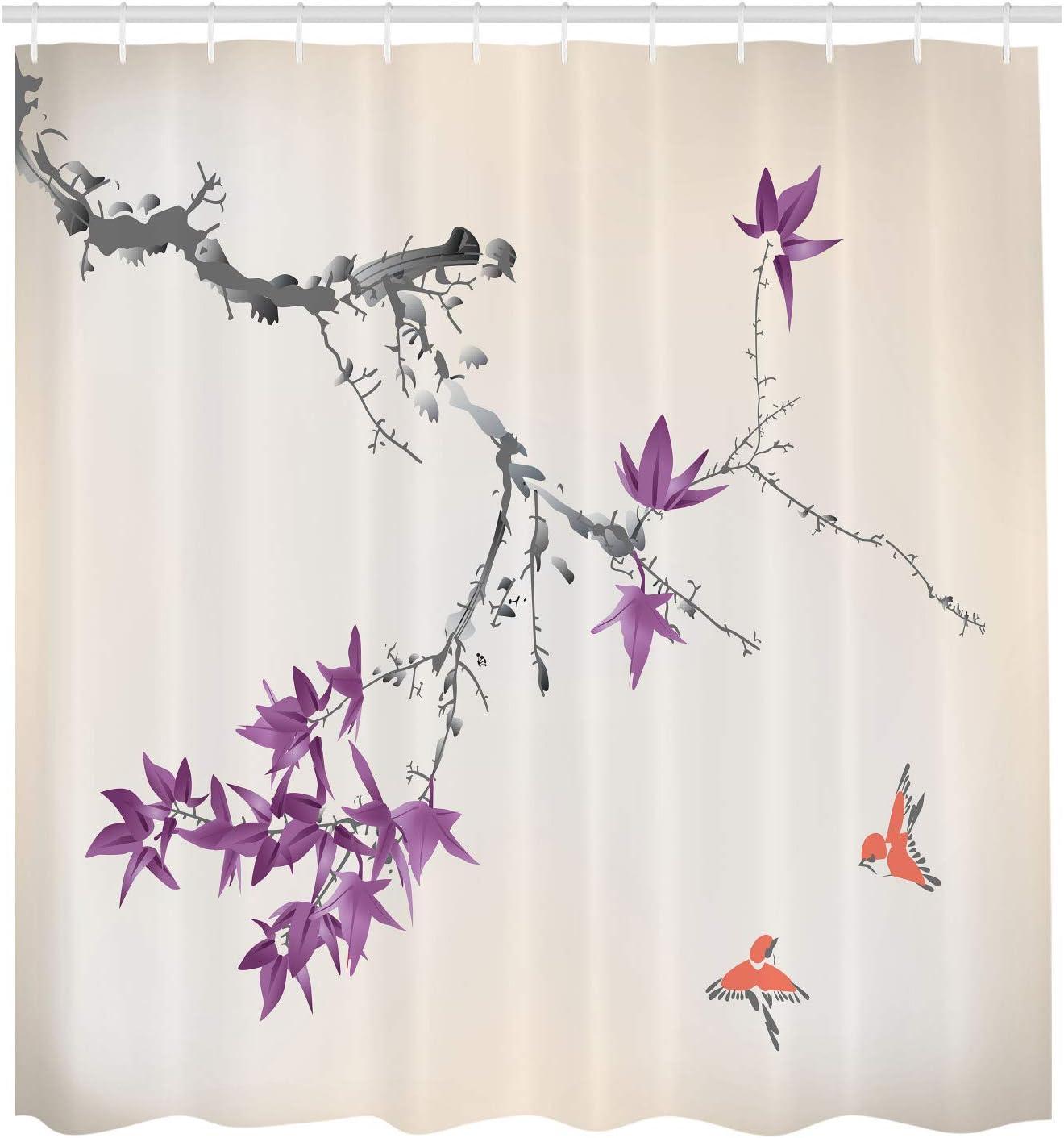 imageAmbesonne Japanese Shower Curtain Cherry Blossom Sakura Tree Branches Romantic Spring Themed Watercolor Picture Cloth Fabric Bathroom Decor Set with Hooks 70 Long Pale PurplePale Fuchsia