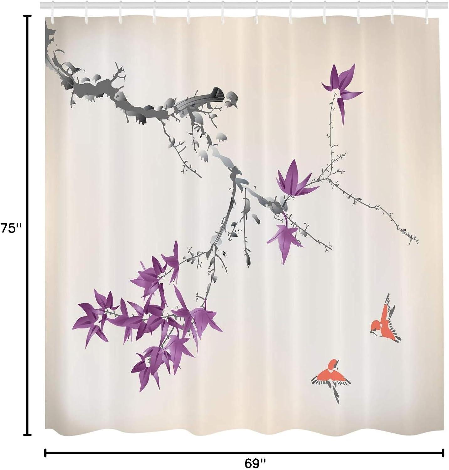 imageAmbesonne Japanese Shower Curtain Cherry Blossom Sakura Tree Branches Romantic Spring Themed Watercolor Picture Cloth Fabric Bathroom Decor Set with Hooks 70 Long Pale PurplePale Fuchsia