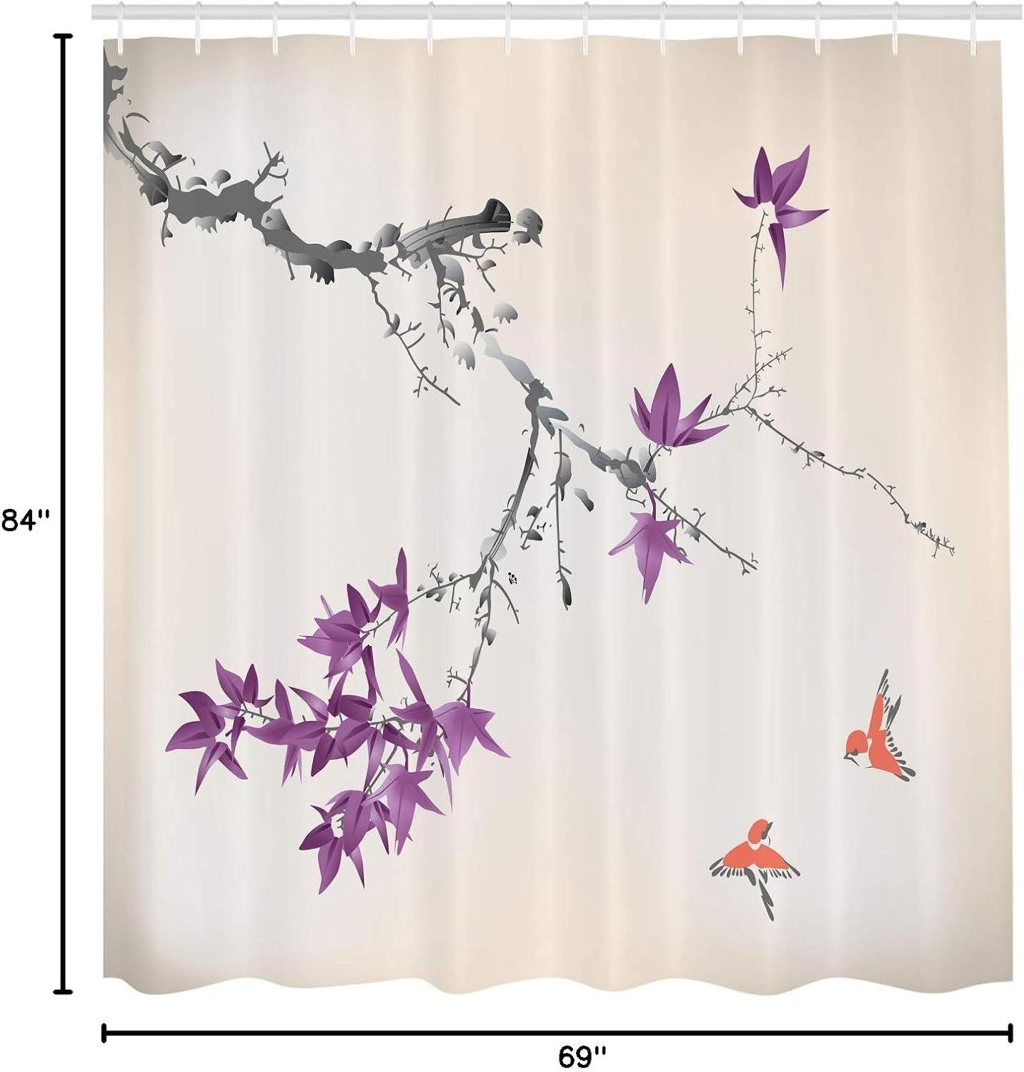imageAmbesonne Japanese Shower Curtain Cherry Blossom Sakura Tree Branches Romantic Spring Themed Watercolor Picture Cloth Fabric Bathroom Decor Set with Hooks 70 Long Pale PurplePale Fuchsia