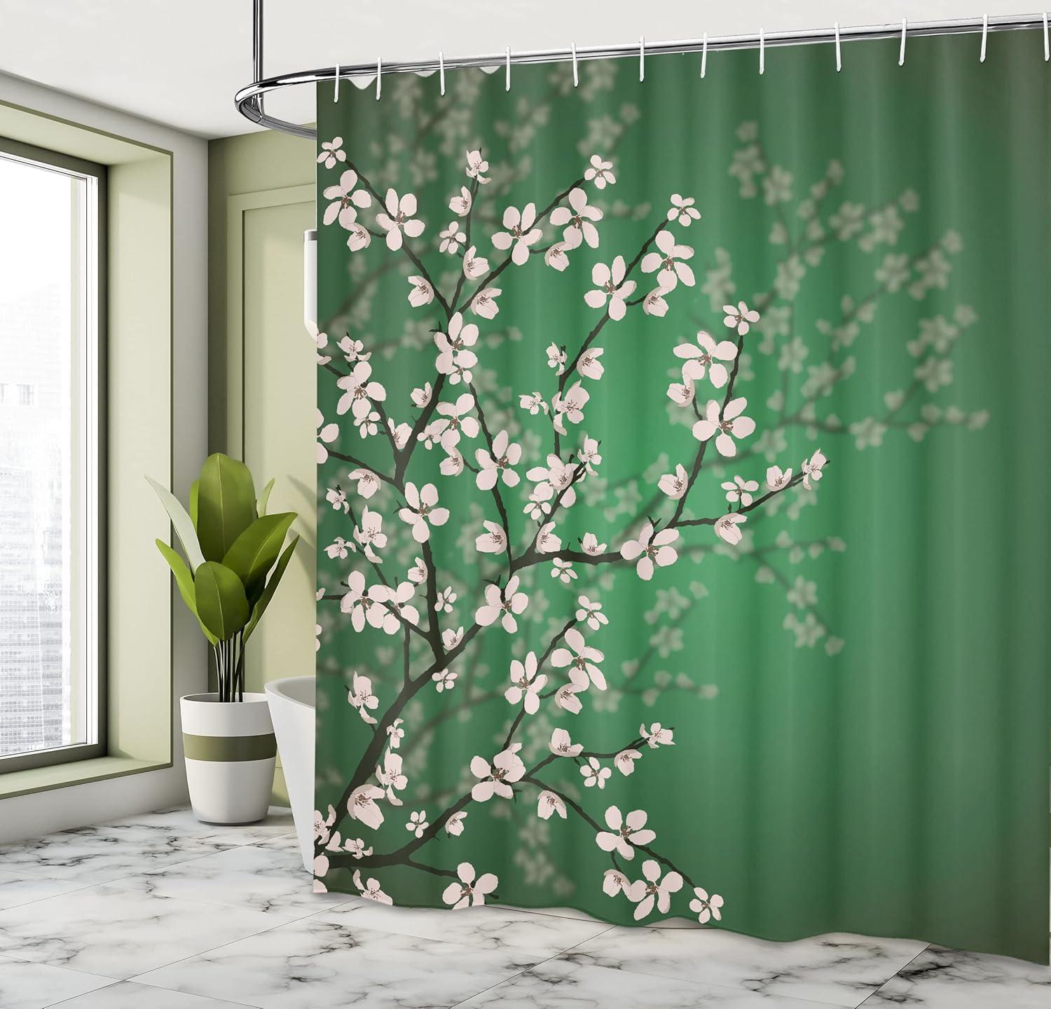 imageAmbesonne Japanese Shower Curtain Spring Season Sakura Bloom Design Romantic Cherry Blossom on Blurry Branches Cloth Fabric Bathroom Decor Set with Hooks 69 W x 70 L Fern Green
