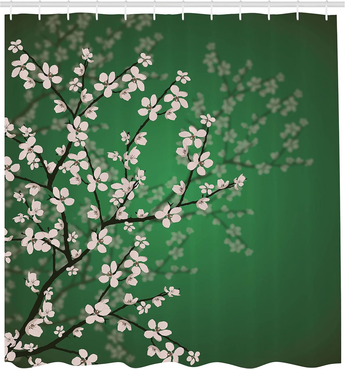 imageAmbesonne Japanese Shower Curtain Spring Season Sakura Bloom Design Romantic Cherry Blossom on Blurry Branches Cloth Fabric Bathroom Decor Set with Hooks 69 W x 70 L Fern Green