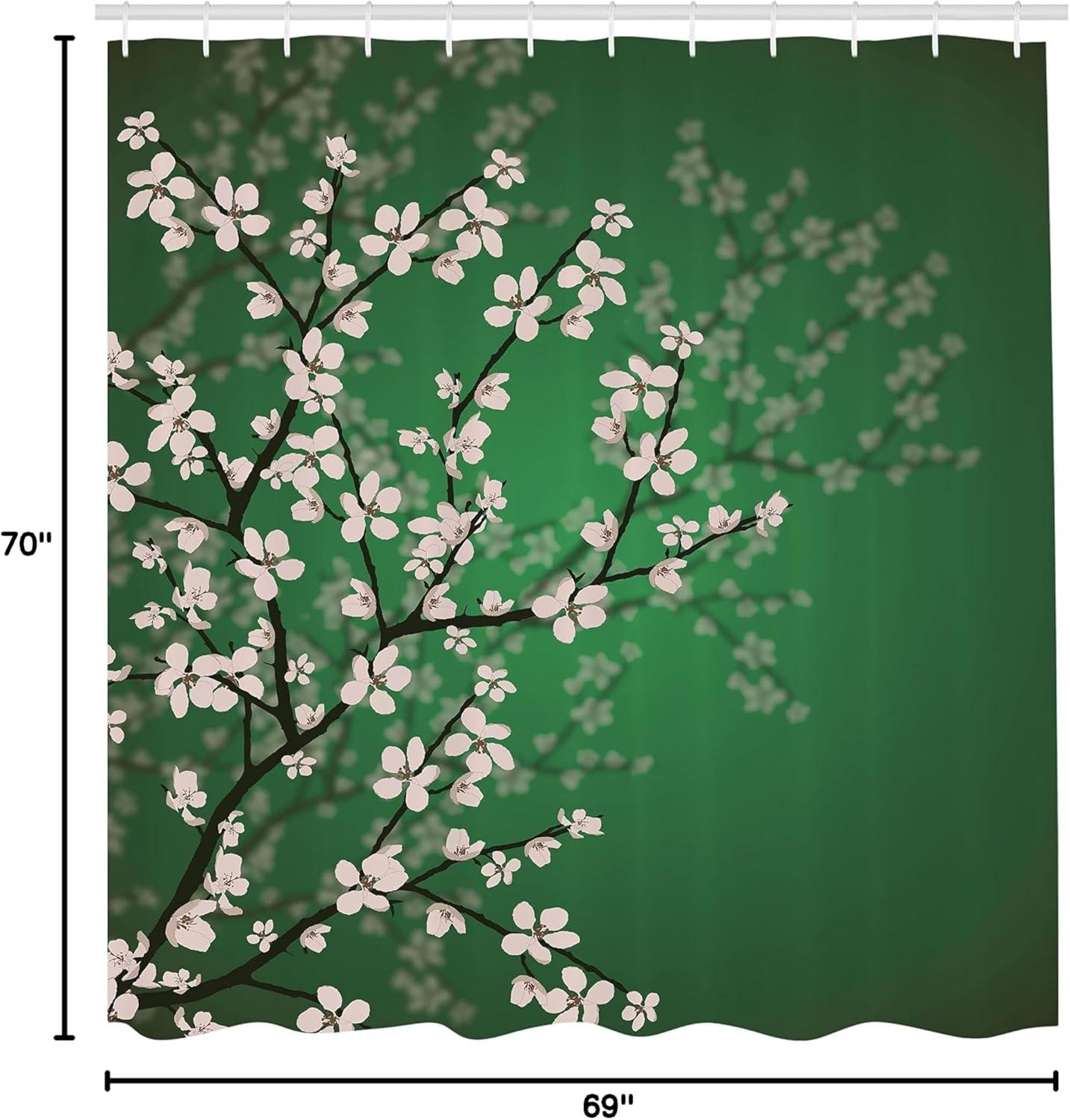 imageAmbesonne Japanese Shower Curtain Spring Season Sakura Bloom Design Romantic Cherry Blossom on Blurry Branches Cloth Fabric Bathroom Decor Set with Hooks 69 W x 70 L Fern Green
