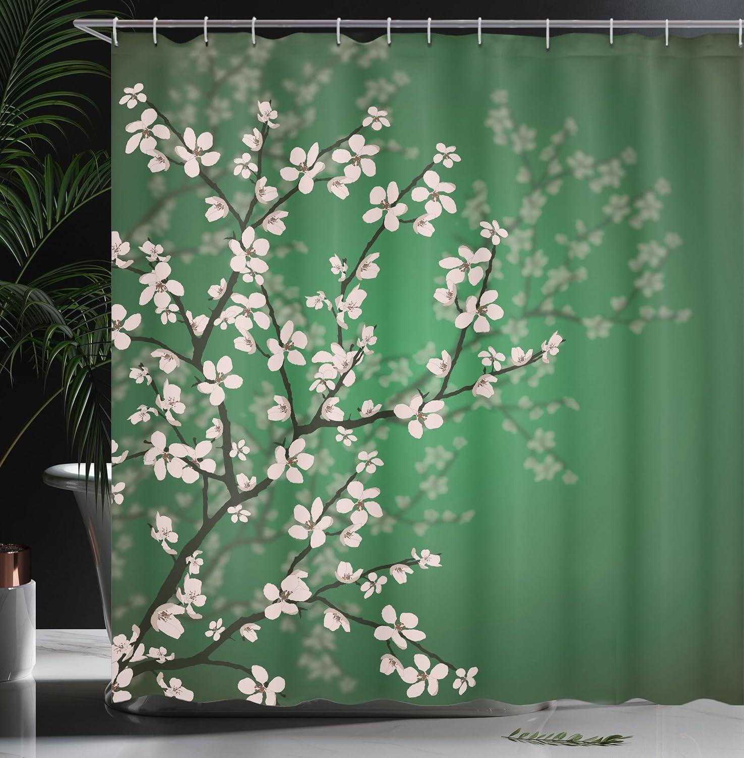 imageAmbesonne Japanese Shower Curtain Spring Season Sakura Bloom Design Romantic Cherry Blossom on Blurry Branches Cloth Fabric Bathroom Decor Set with Hooks 69 W x 70 L Fern Green