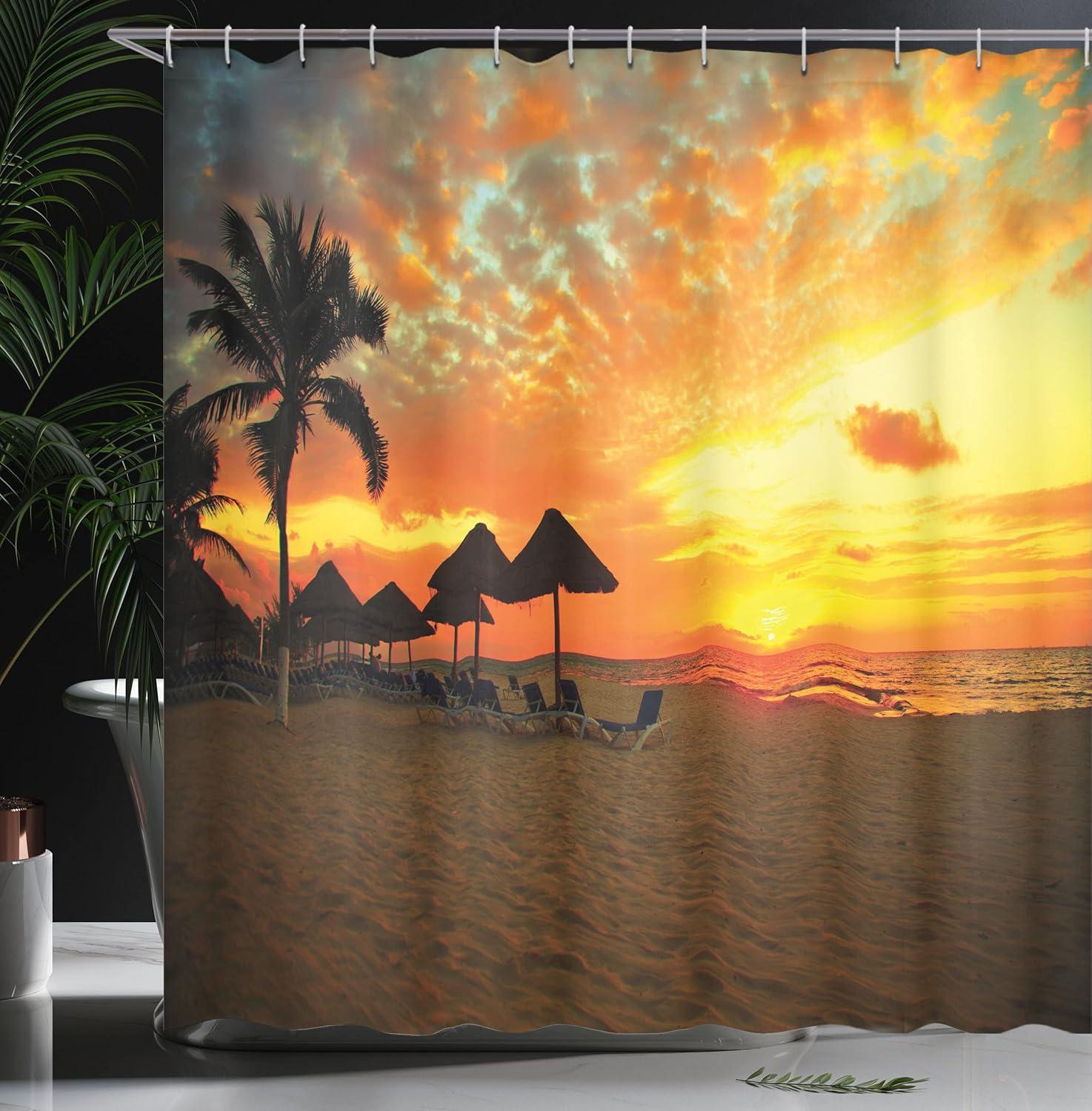 imageAmbesonne Seaside Shower Curtain Sunset Scene at Beach Resort Silhouette Romantic Honeymoon Vacation Photo Print Cloth Fabric Bathroom Decor Set with Hooks 69 W x 70 L Orange Yellow