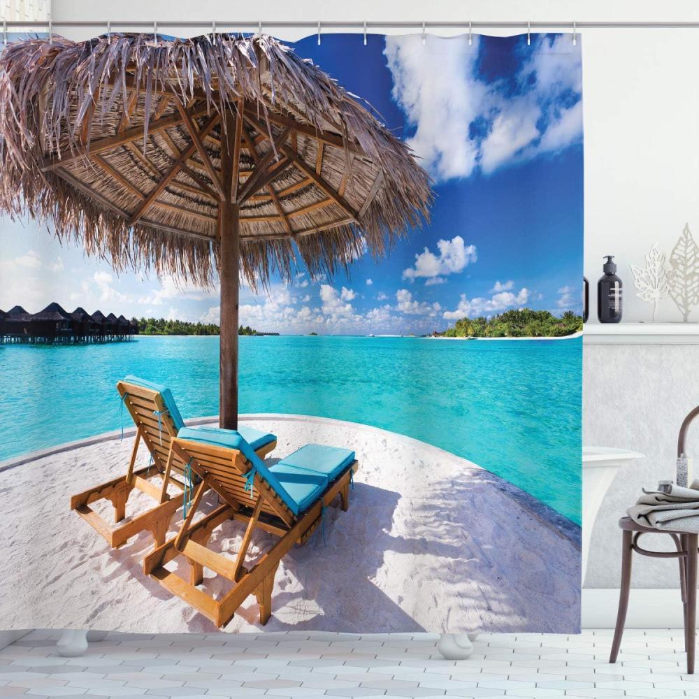 imageAmbesonne Beach Shower Curtain Maldives Scenic Seaside View Sunbeds Under Umbrella Romantic Honeymoon Theme Cloth Fabric Bathroom Decor Set with Hooks 69 W x 84 L Brown White