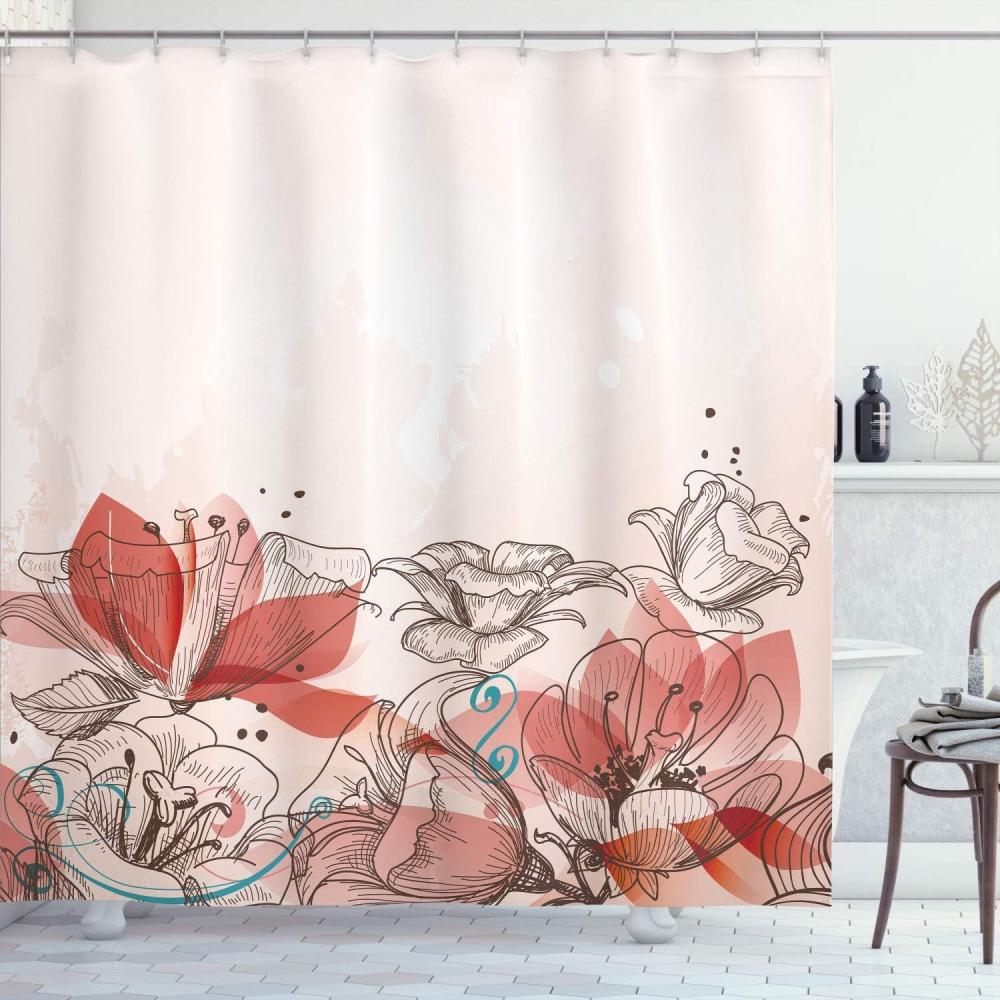 imageAmbesonne Flower Shower Curtain Retro Floral Background Hibiscus Silhouettes Dramatic Romantic Nature Art Cloth Fabric Bathroom Decor Set with Hooks 84 Long Extra Pale AzureCoral White