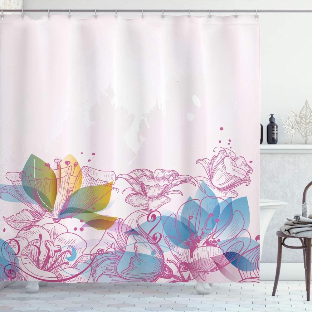 imageAmbesonne Flower Shower Curtain Retro Floral Background Hibiscus Silhouettes Dramatic Romantic Nature Art Cloth Fabric Bathroom Decor Set with Hooks 84 Long Extra Pale AzurePale Fuchsia