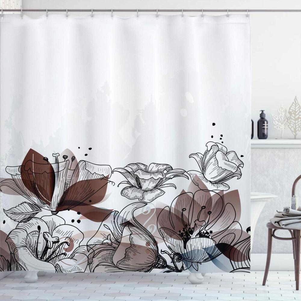 imageAmbesonne Flower Shower Curtain Retro Floral Background Hibiscus Silhouettes Dramatic Romantic Nature Art Cloth Fabric Bathroom Decor Set with Hooks 84 Long Extra Pale AzureBrown White