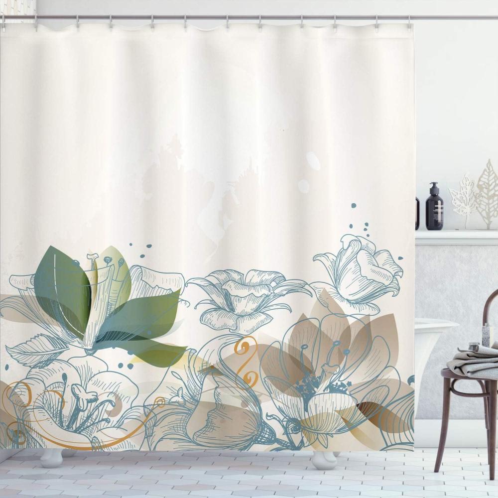 imageAmbesonne Flower Shower Curtain Retro Floral Background Hibiscus Silhouettes Dramatic Romantic Nature Art Cloth Fabric Bathroom Decor Set with Hooks 84 Long Extra Pale AzureOlive Green
