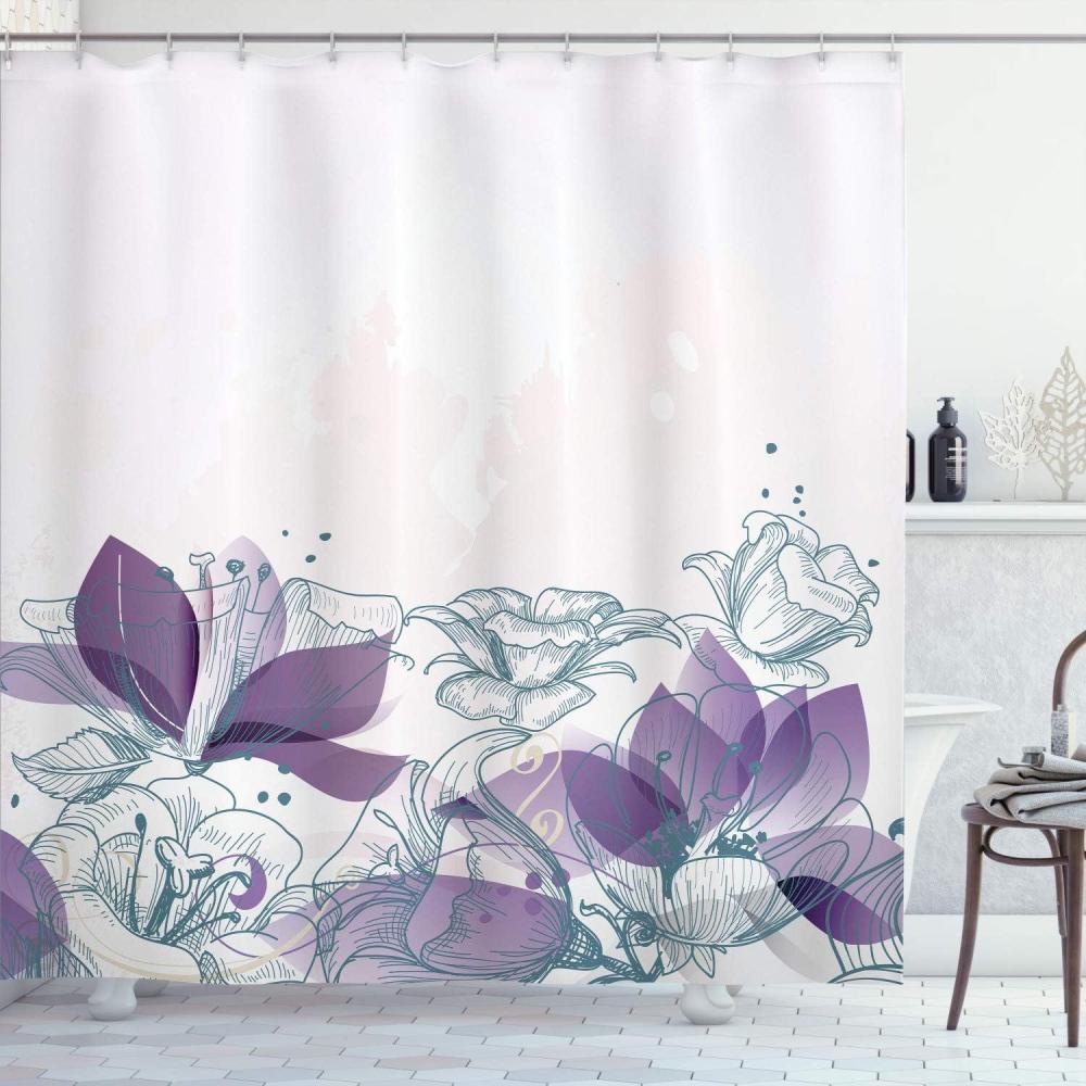 imageAmbesonne Flower Shower Curtain Retro Floral Background Hibiscus Silhouettes Dramatic Romantic Nature Art Cloth Fabric Bathroom Decor Set with Hooks 84 Long Extra Pale AzureGrey Pink