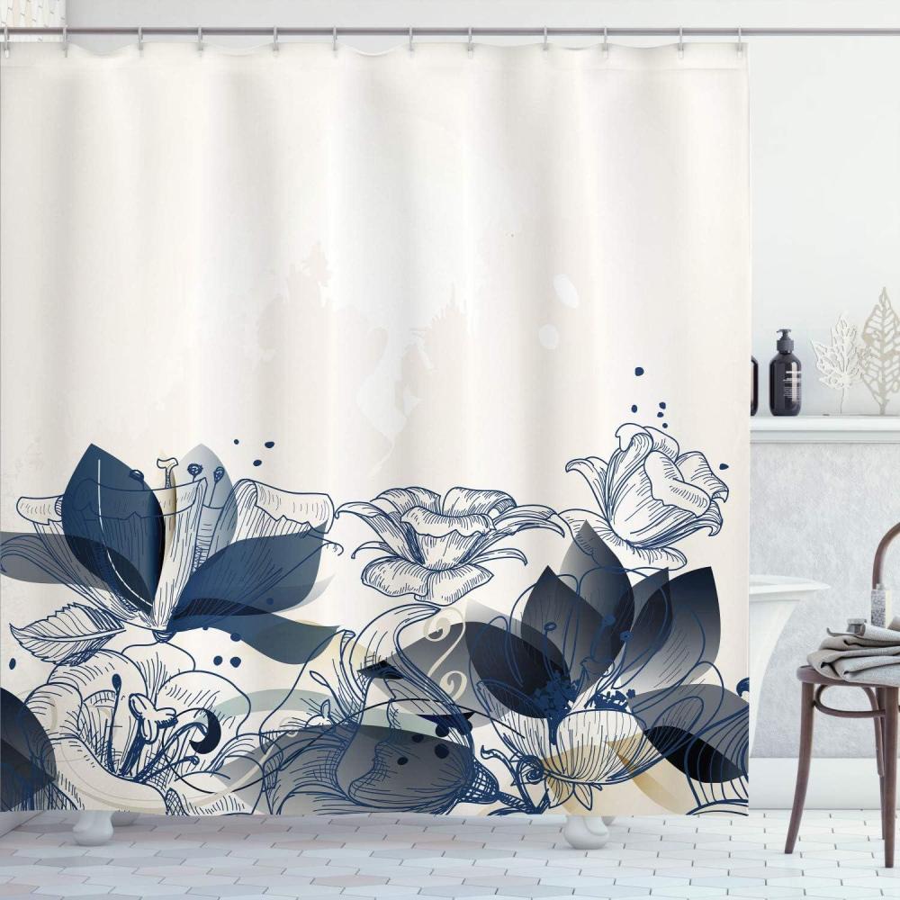 imageAmbesonne Flower Shower Curtain Retro Floral Background Hibiscus Silhouettes Dramatic Romantic Nature Art Cloth Fabric Bathroom Decor Set with Hooks 84 Long Extra Pale AzureNight Blue