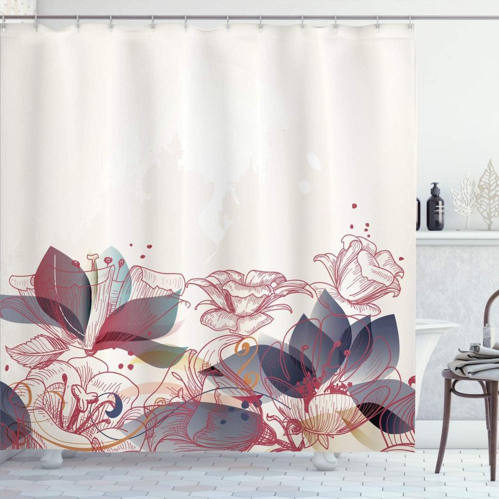 imageAmbesonne Flower Shower Curtain Retro Floral Background Hibiscus Silhouettes Dramatic Romantic Nature Art Cloth Fabric Bathroom Decor Set with Hooks 84 Long Extra Pale AzureRuby Ivory