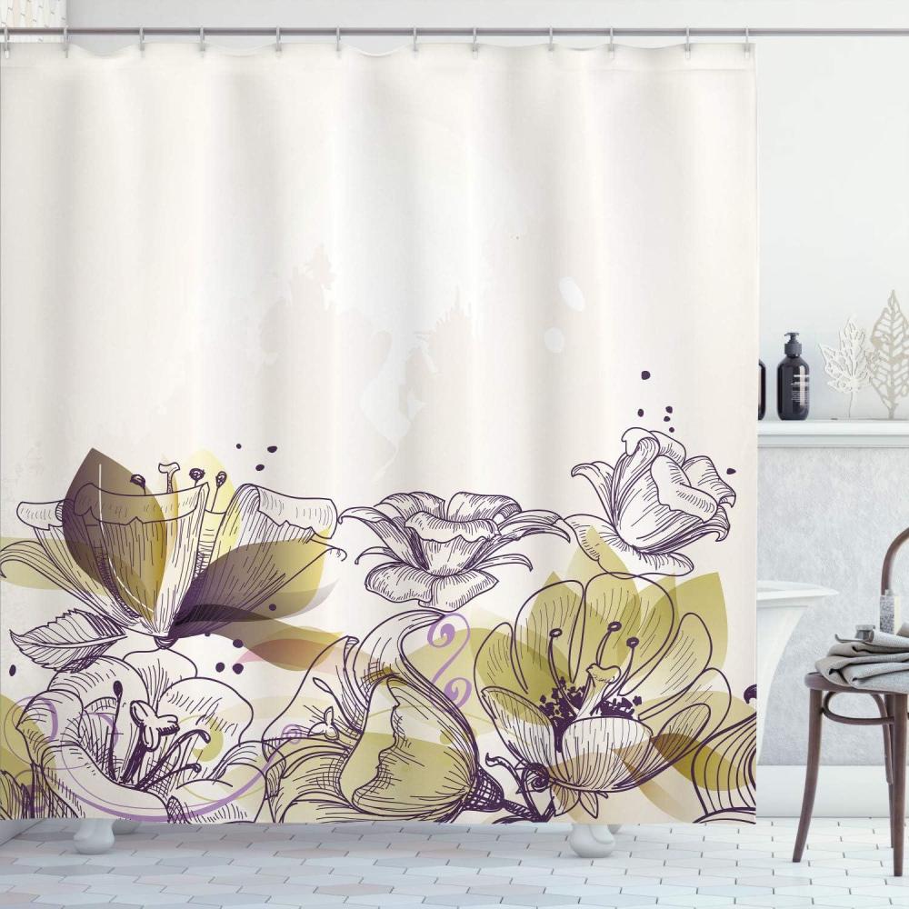 imageAmbesonne Flower Shower Curtain Retro Floral Background Hibiscus Silhouettes Dramatic Romantic Nature Art Cloth Fabric Bathroom Decor Set with Hooks 84 Long Extra Pale AzurePastel Yellow
