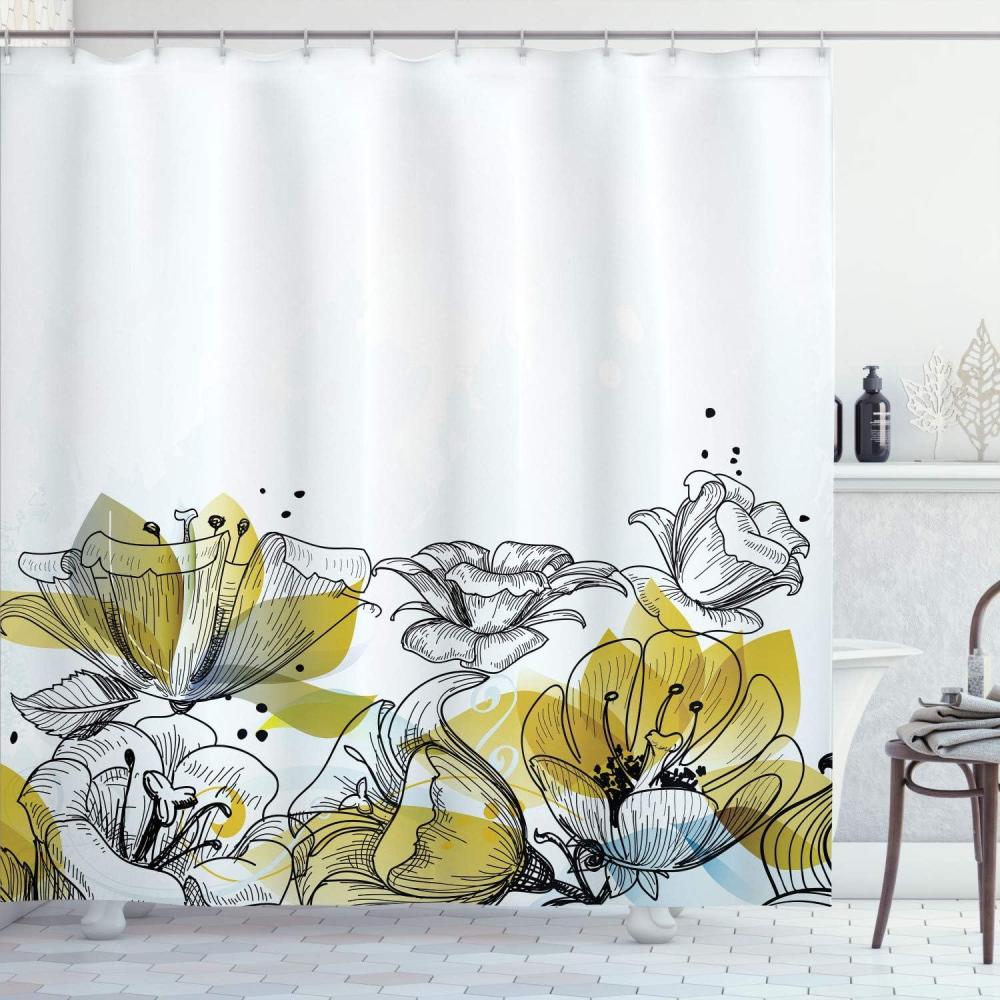 imageAmbesonne Flower Shower Curtain Retro Floral Background Hibiscus Silhouettes Dramatic Romantic Nature Art Cloth Fabric Bathroom Decor Set with Hooks 84 Long Extra Pale AzurePale Avocado