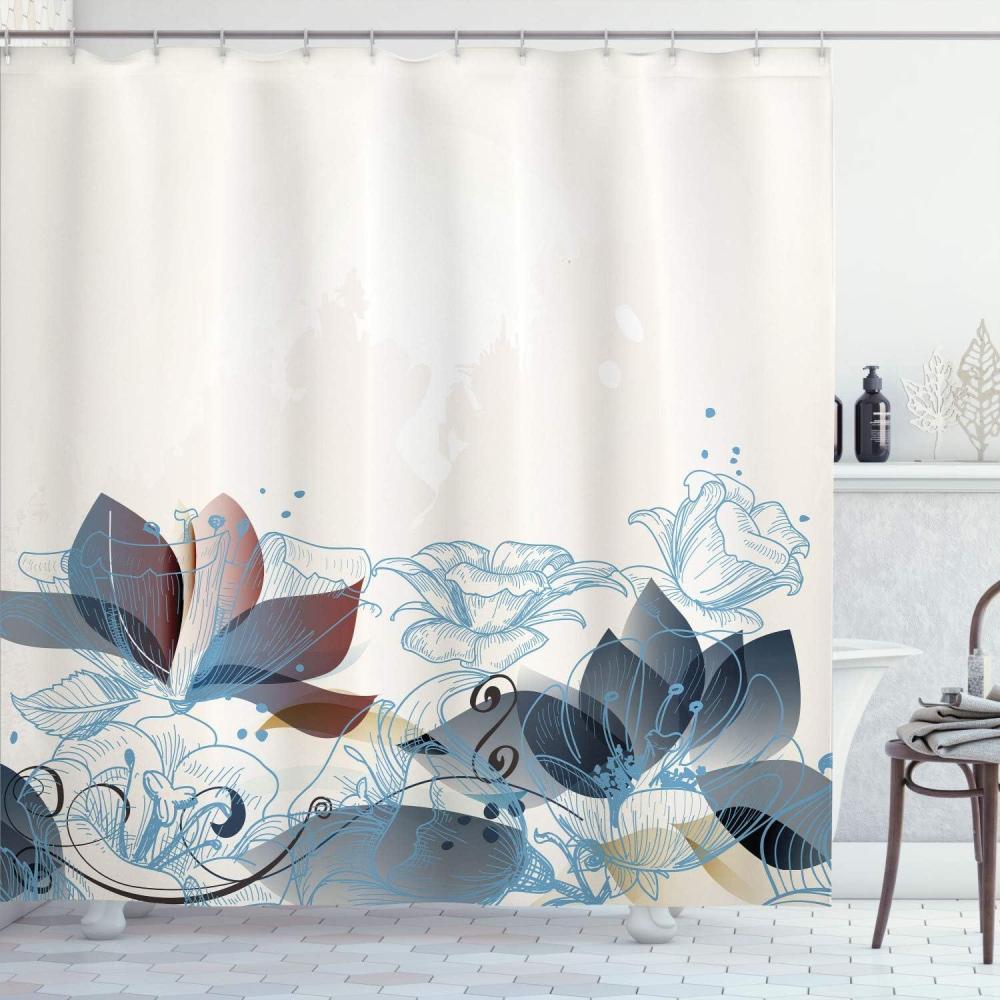 imageAmbesonne Flower Shower Curtain Retro Floral Background Hibiscus Silhouettes Dramatic Romantic Nature Art Cloth Fabric Bathroom Decor Set with Hooks 84 Long Extra Pale AzurePurpleblue White
