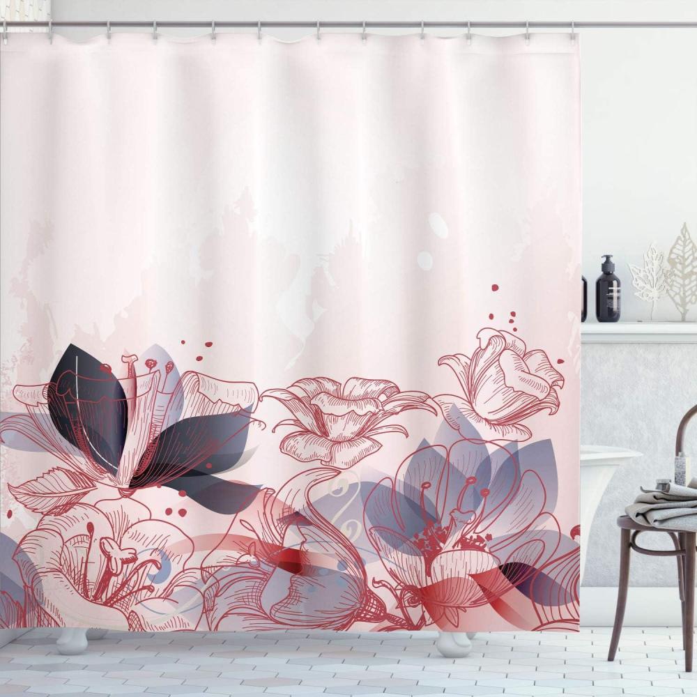 imageAmbesonne Flower Shower Curtain Retro Floral Background Hibiscus Silhouettes Dramatic Romantic Nature Art Cloth Fabric Bathroom Decor Set with Hooks 84 Long Extra Pale AzureDark Fuchsia