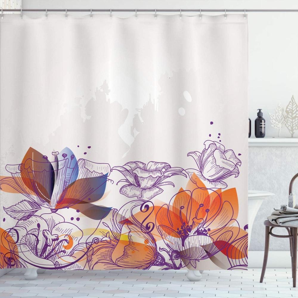 imageAmbesonne Flower Shower Curtain Retro Floral Background Hibiscus Silhouettes Dramatic Romantic Nature Art Cloth Fabric Bathroom Decor Set with Hooks 84 Long Extra Pale AzureBurnt Orange