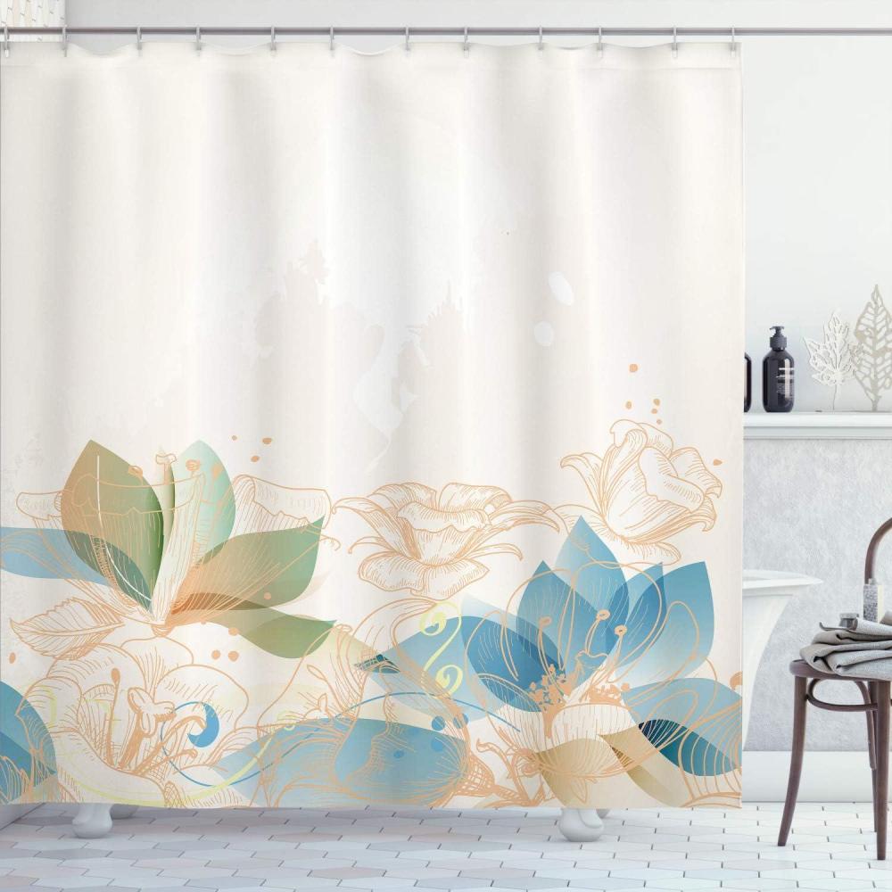 imageAmbesonne Flower Shower Curtain Retro Floral Background Hibiscus Silhouettes Dramatic Romantic Nature Art Cloth Fabric Bathroom Decor Set with Hooks 84 Long Extra Pale AzureChampagne White