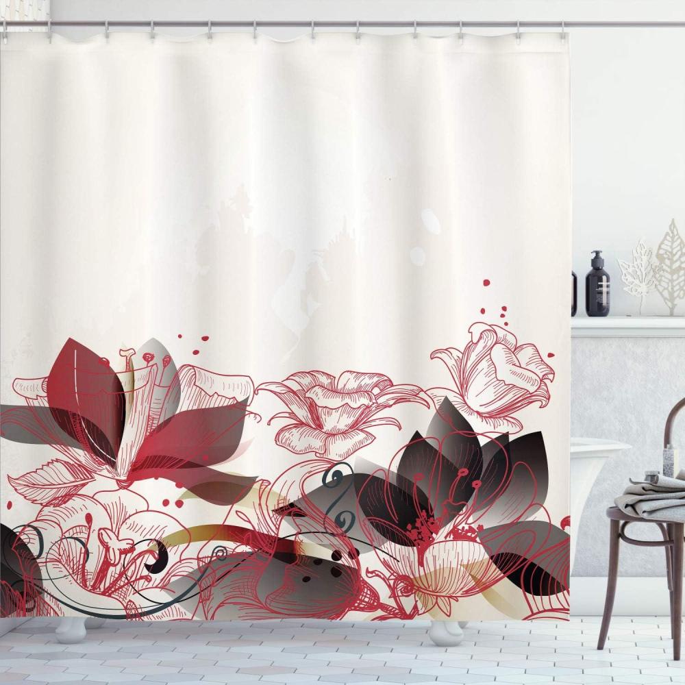 imageAmbesonne Flower Shower Curtain Retro Floral Background Hibiscus Silhouettes Dramatic Romantic Nature Art Cloth Fabric Bathroom Decor Set with Hooks 84 Long Extra Pale AzureDark Pink