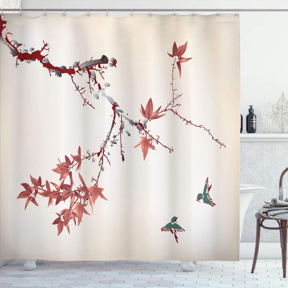 imageAmbesonne Japanese Shower Curtain Cherry Blossom Sakura Tree Branches Romantic Spring Themed Watercolor Picture Cloth Fabric Bathroom Decor Set with Hooks 70 Long Pale PurpleDark Salmon