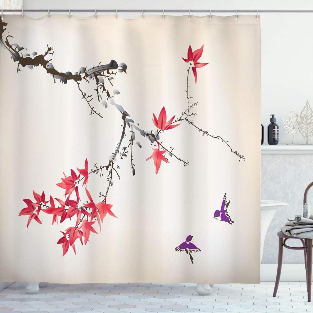 imageAmbesonne Japanese Shower Curtain Cherry Blossom Sakura Tree Branches Romantic Spring Themed Watercolor Picture Cloth Fabric Bathroom Decor Set with Hooks 70 Long Pale PurpleCoral Fuchsia