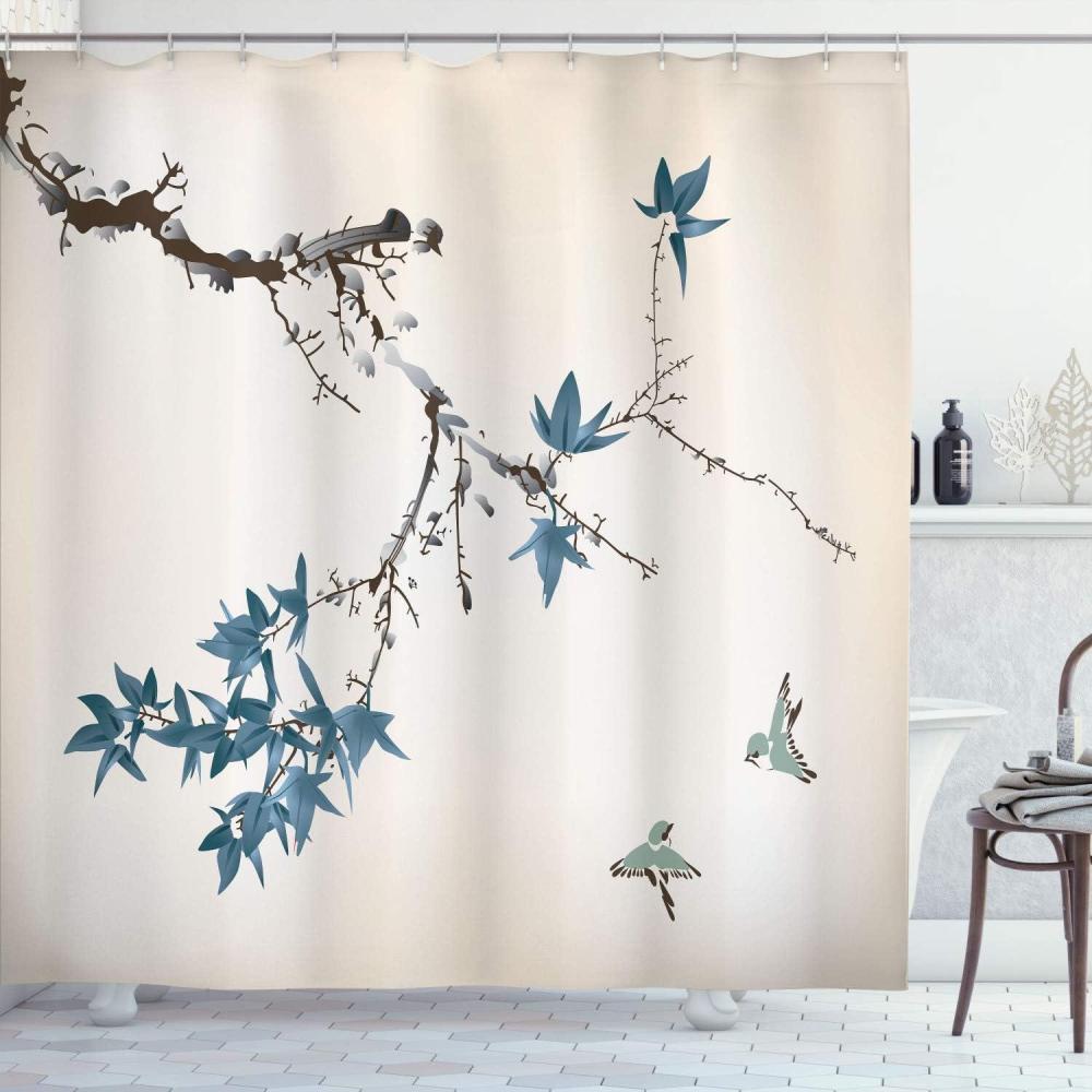 imageAmbesonne Japanese Shower Curtain Cherry Blossom Sakura Tree Branches Romantic Spring Themed Watercolor Picture Cloth Fabric Bathroom Decor Set with Hooks 70 Long Pale PurpleCadet Blue