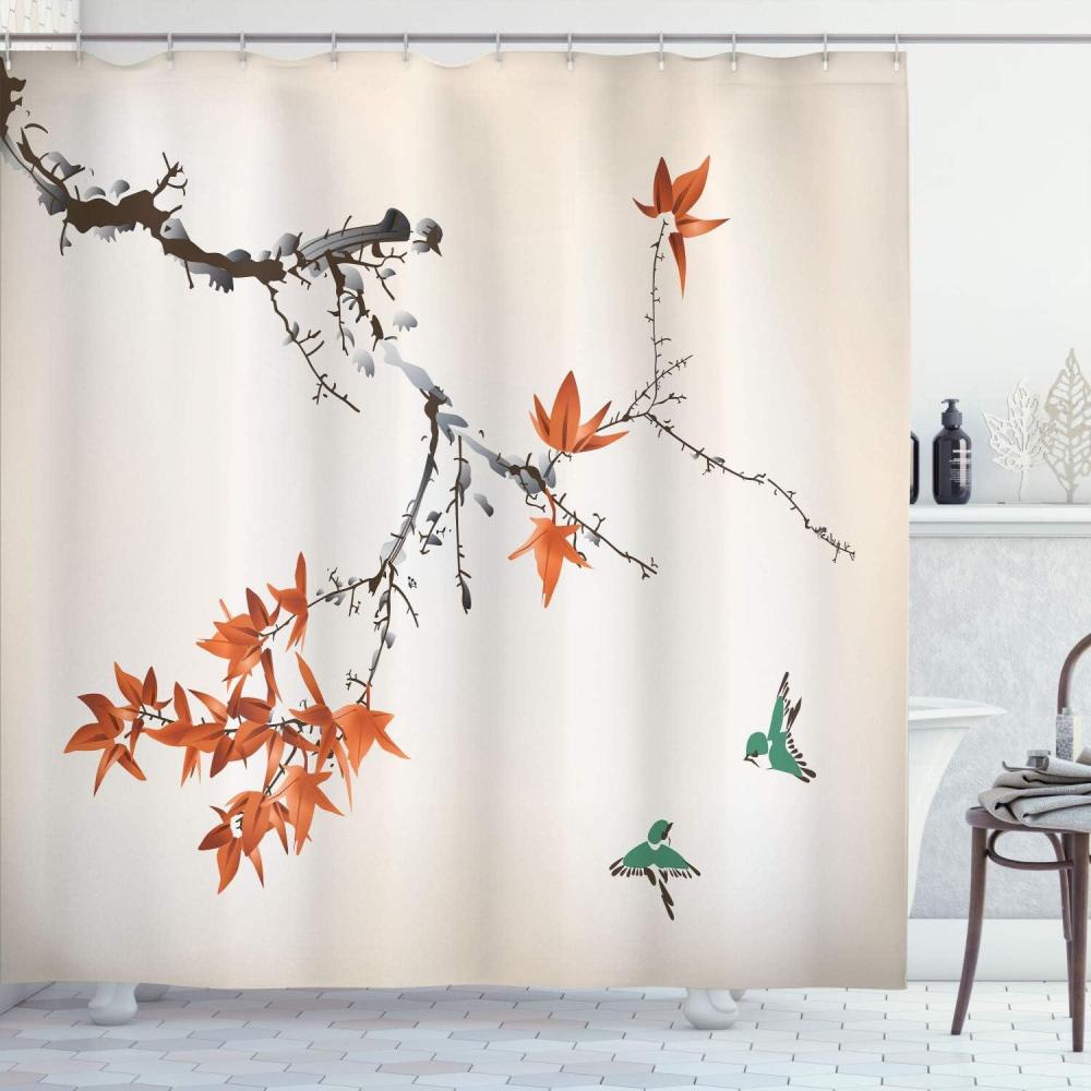 imageAmbesonne Japanese Shower Curtain Cherry Blossom Sakura Tree Branches Romantic Spring Themed Watercolor Picture Cloth Fabric Bathroom Decor Set with Hooks 70 Long Pale PurpleDark Orange