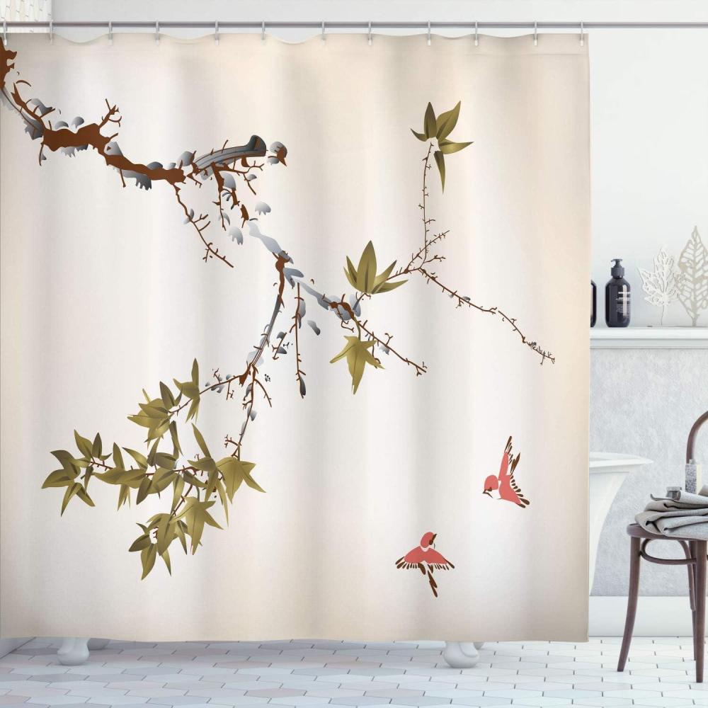 imageAmbesonne Japanese Shower Curtain Cherry Blossom Sakura Tree Branches Romantic Spring Themed Watercolor Picture Cloth Fabric Bathroom Decor Set with Hooks 70 Long Pale PurpleKhaki Coral