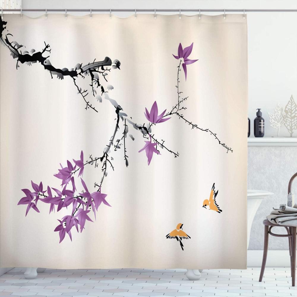 imageAmbesonne Japanese Shower Curtain Cherry Blossom Sakura Tree Branches Romantic Spring Themed Watercolor Picture Cloth Fabric Bathroom Decor Set with Hooks 70 Long Pale PurplePale Purple