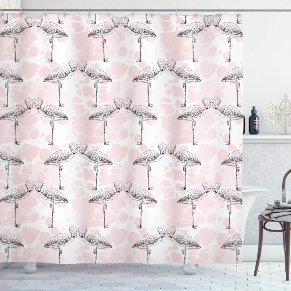imageAmbesonne Romantic Shower Curtain Flamingos Shaping Hearts Heads Love Animal Valentines Illustration Cloth Fabric Bathroom Decor Set with Hooks 69 W x 75 L Pale Pink Grey