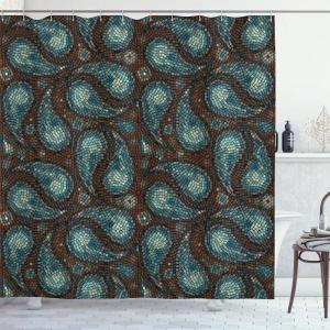 Ambesonne Floral Shower Curtain, Bouquet with Swirled Branches Romantic Paper Flowers Origami Autumn Blooms Image, Cloth Fabric Bathroom Decor Set with Hooks, 69″ W x 84″ L, Mint Orange(Brown Blue and Dark Blue)